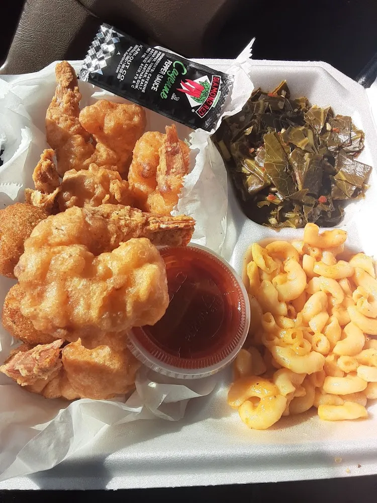 Shrimp with Hush Puppies Collard Greens with Mac and Cheese